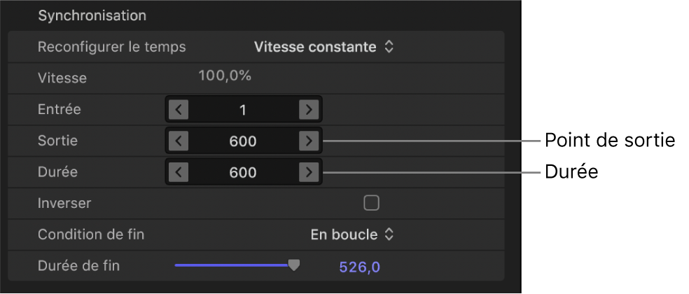 Paramètres Point de sortie et Durée dans les commandes Synchronisation au sein de l’inspecteur des propriétés