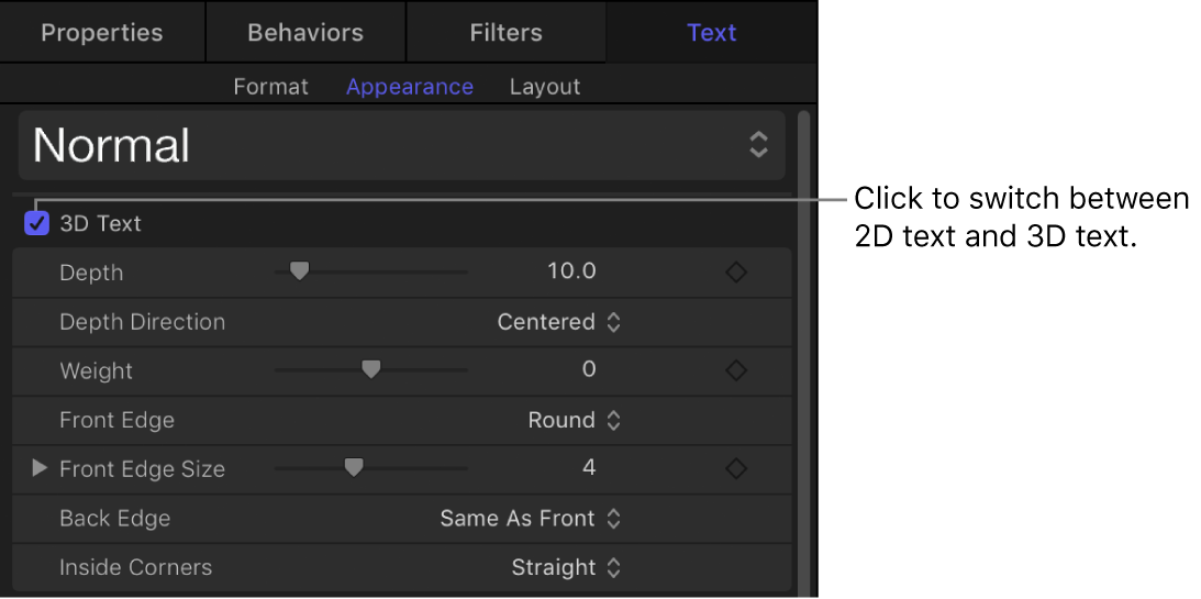 「テキスト」インスペクタの「アピアランス」パネルの「3Dテキスト」アクティブ化チェックボックス