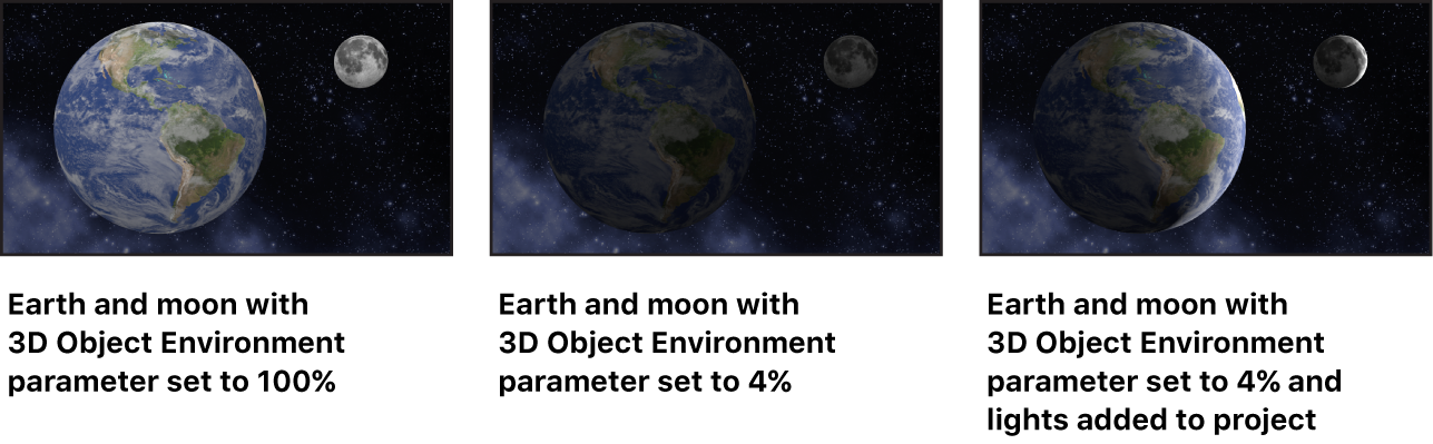 显示 3D 对象上“3D 对象环境”设置效果的图像