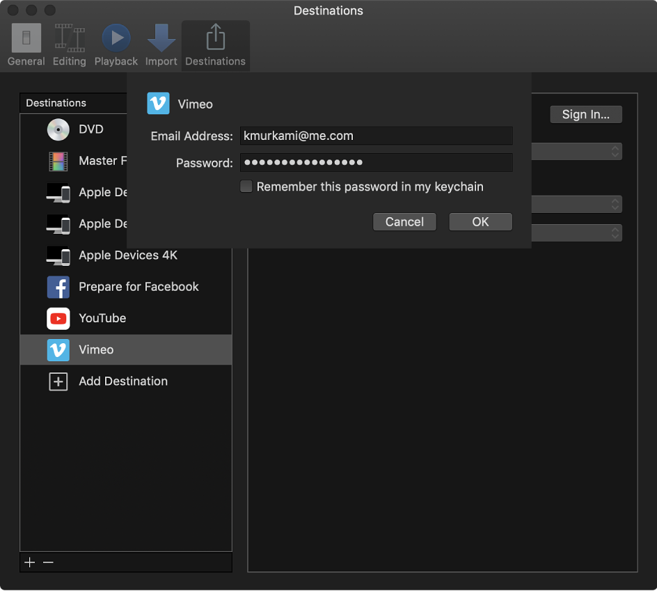 A window for entering the Vimeo account name and password for a Vimeo destination