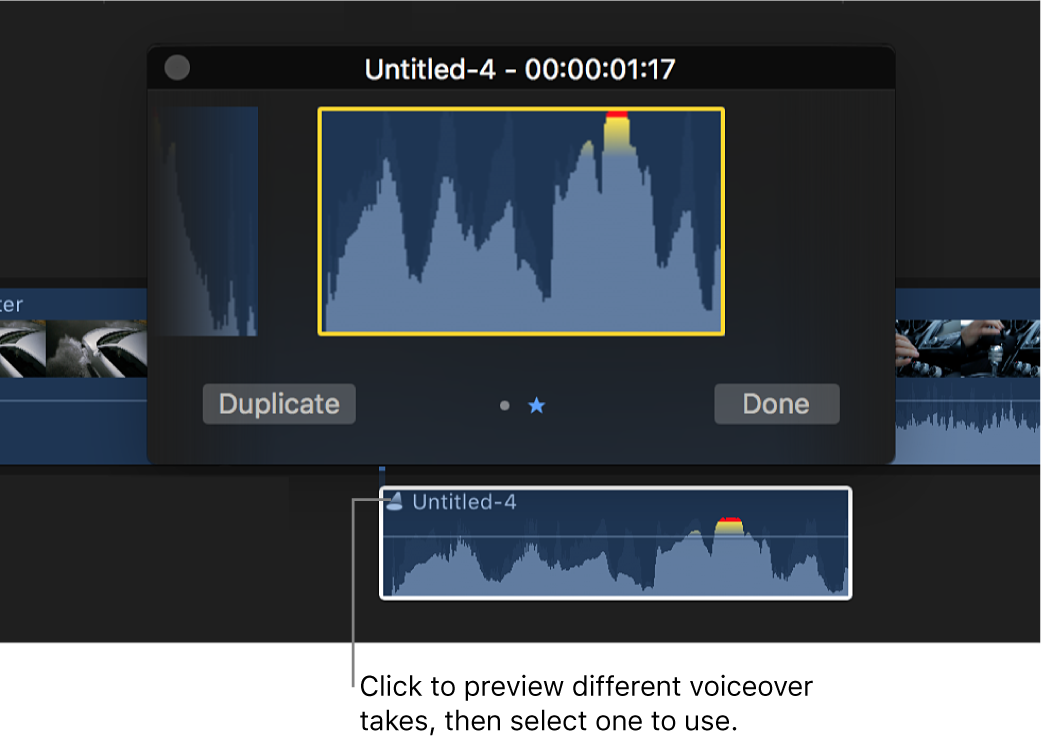 The timeline showing an audition clip with the audition window above