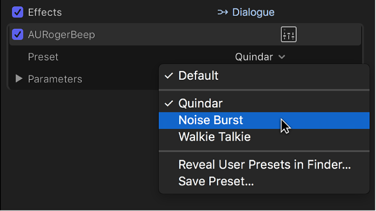 Opciones del menú desplegable Preajuste en la sección Efectos del inspector de audio