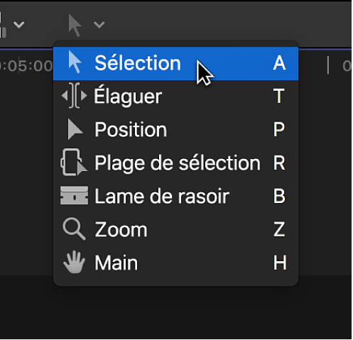 Outil Sélection dans le menu local Outils