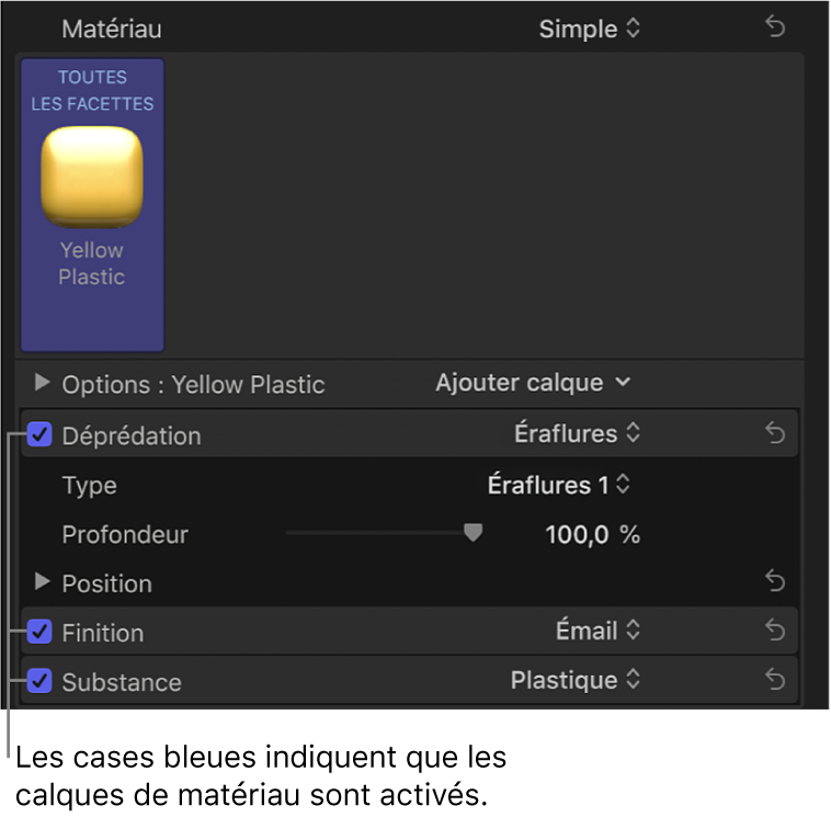 Section Matériau de l’inspecteur de texte affichant les calques de matériau actifs avec des cases bleues