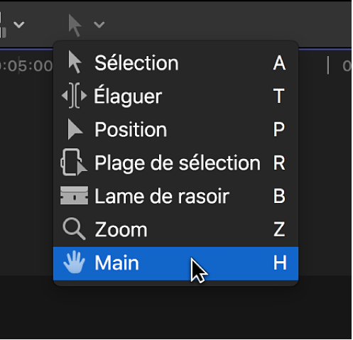 Outil Main dans le menu local Outils