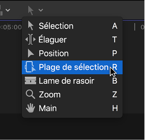 Outil Plage de sélection dans le menu local Outils