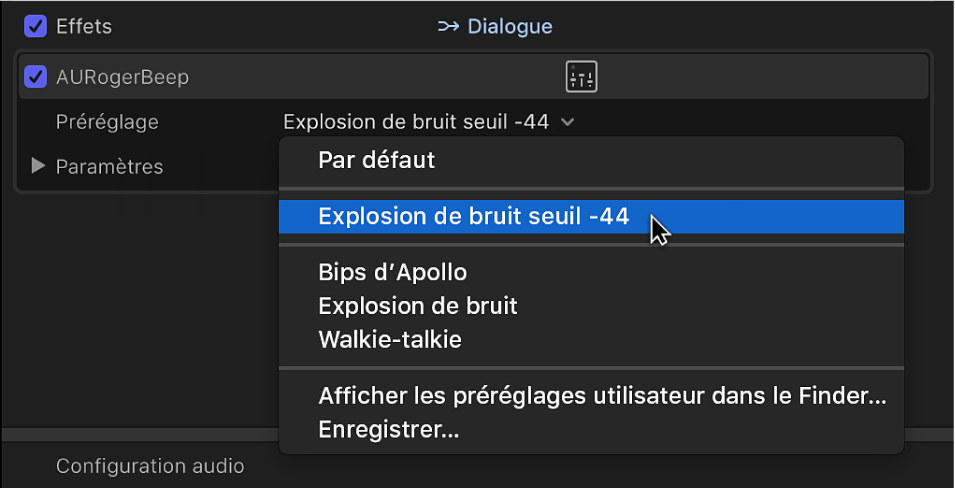 Section Effets de l’inspecteur audio affichant un préréglage enregistré dans le menu local Préréglage