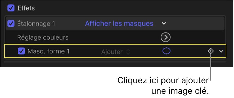 Inspecteur vidéo avec le bouton Image clé d’un masque de forme