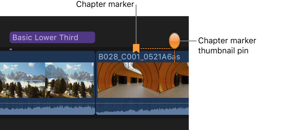 タイムライン内のクリップ上の、チャプタマーカーおよびチャプタマーカーのサムネールピン