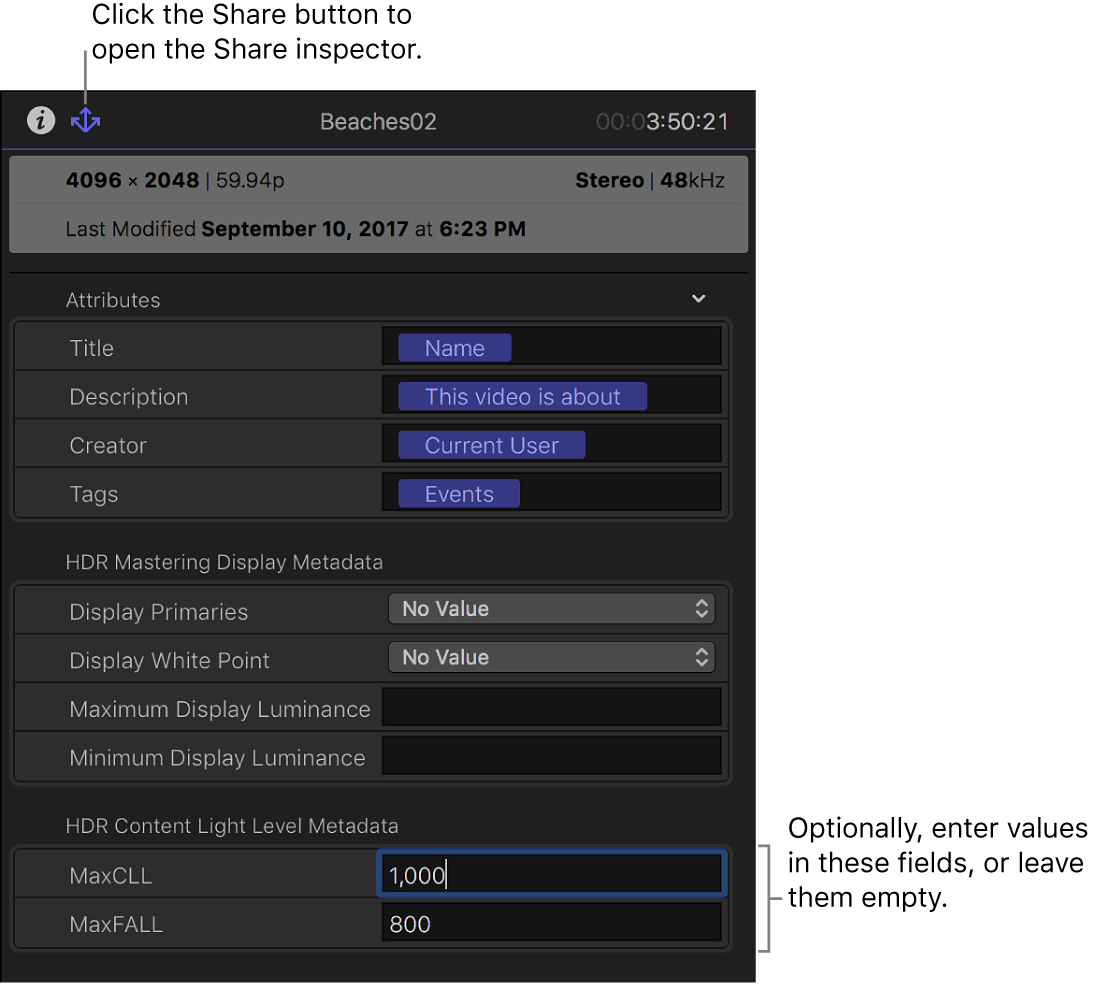 「共有」インスペクタ。「Wide Gamut HDR - Rec. 2020 PQ」メタデータフィールドが表示されている