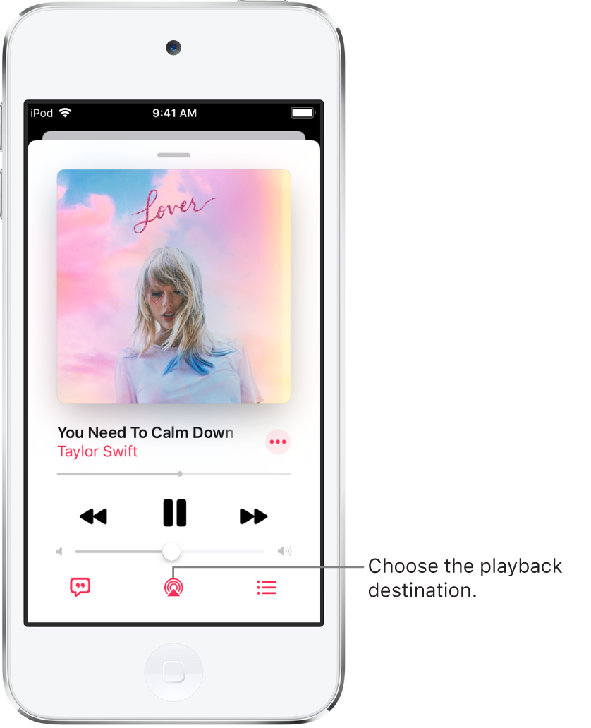 The playback controls on the Now Playing screen for Music, including the Playback Destination button at the bottom of the screen.