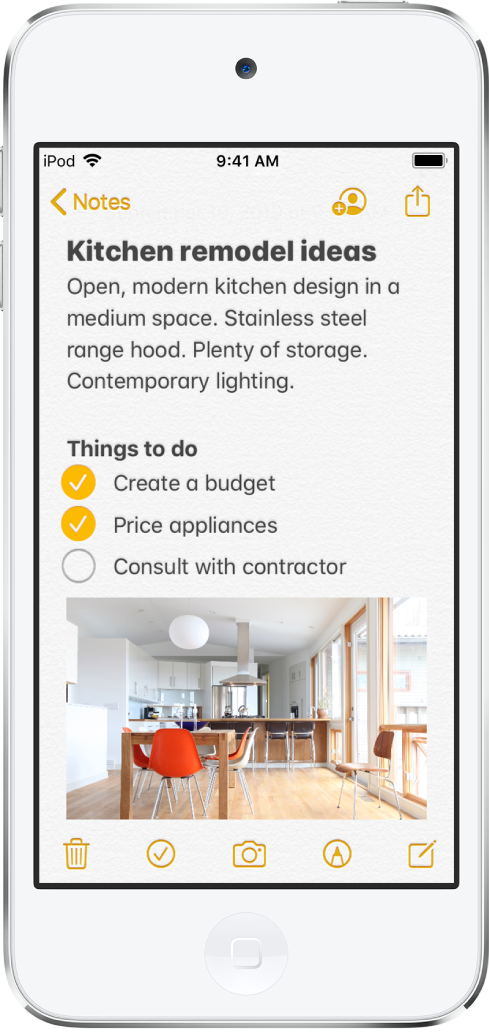 Nota de texto con ideas para remodelar la cocina y una lista de tareas pendientes. Hay botones para colaborar con otras personas en la nota, así como para compartirla. Hay botones en la parte inferior para eliminar la nota, iniciar una lista de comprobación, agregar una foto, escanear un documento, mostrar herramientas de escritura y crear una nueva nota.