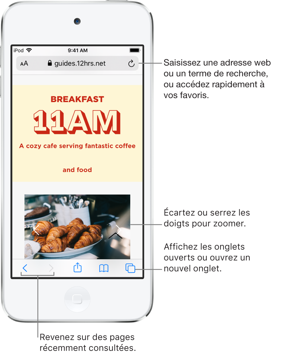 Un site web ouvert dans une fenêtre de Safari, avec le champ d’adresse en haut. En bas, de gauche à droite, se trouvent les boutons Précédent, Suivant, Partager, Signets et Pages.