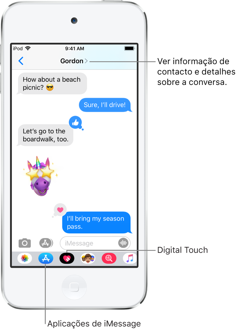 Uma conversa em Mensagens. Ao longo da parte superior, da esquerda para a direita, está o botão Anterior e o nome da pessoa com quem está a trocar mensagens. Ao centro estão as mensagens enviadas e recebidas durante a conversa. Na parte inferior do ecrã, da esquerda para a direita, estão os botões das aplicações Fotografias, Lojas, Hashtag Images, Música, Digital Touch e iMessage.