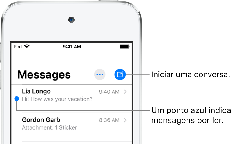 A lista de mensagens, o botão Editar no canto superior esquerdo e o botão para escrever mensagem no canto superior direito. Um ponto azul à esquerda de uma mensagem indica que esta não foi ainda lida.