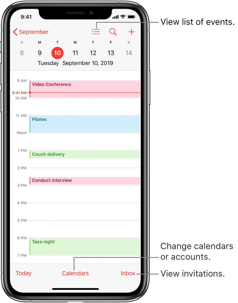 A calendar in day view showing the day’s events. Tap the Calendars button at the bottom of the screen to change calendar accounts. Tap the Inbox button at the bottom right to view invitations.