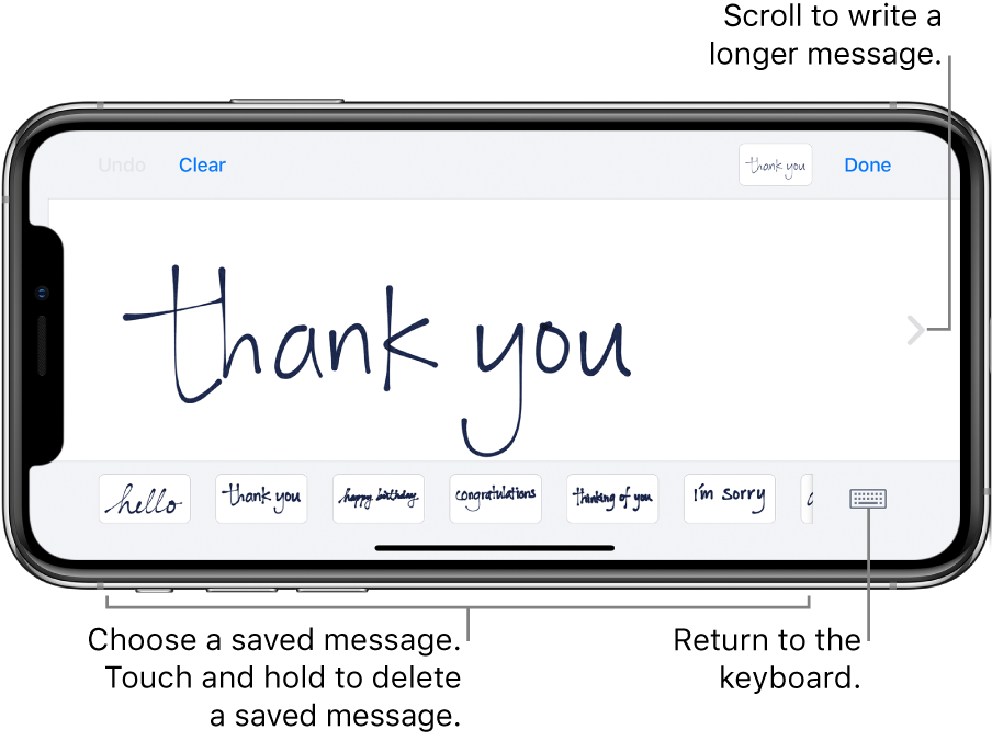 The handwriting screen with a handwritten message. Along the bottom, from left to right, are saved messages and the Show Keyboard button.