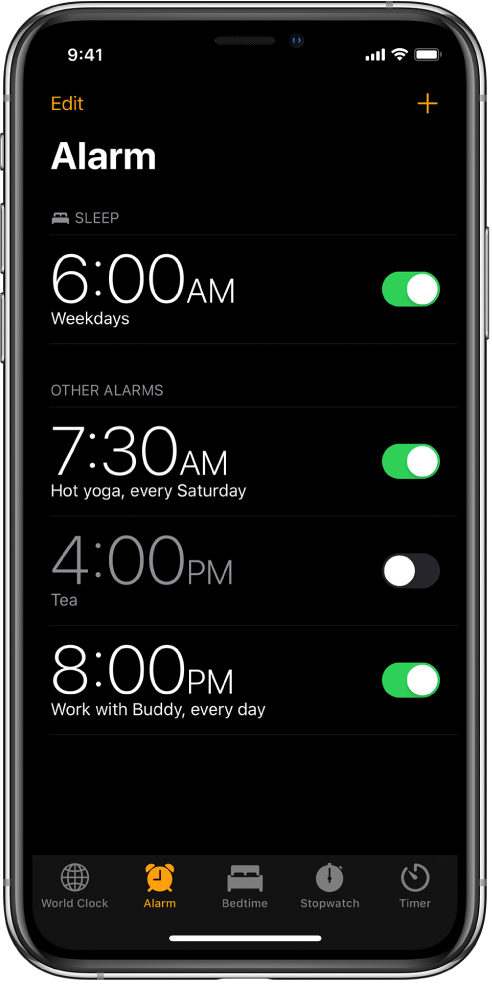 The Alarm tab, showing four alarms set for various times.