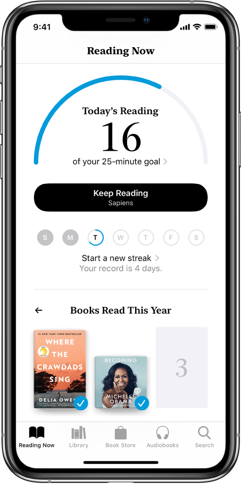 The Reading Goals section in Reading Now. The reading counter shows that 10 minutes of a 20-minute goal have been completed. Below the counter is a Keep Reading button, and circles that show the days of the week, Sunday through Saturday and blue outlines around the circle indicate the reading progress for the day. At the bottom of the page are the covers of Books Read This Year.