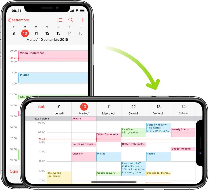 Sullo sfondo, iPhone mostra una schermata di Calendario, con gli eventi di un giorno mostrati in orientamento verticale; in primo piano, iPhone è ruotato in orientamento orizzontale e mostra gli eventi di Calendario per l'intera settimana contenente tale giorno.