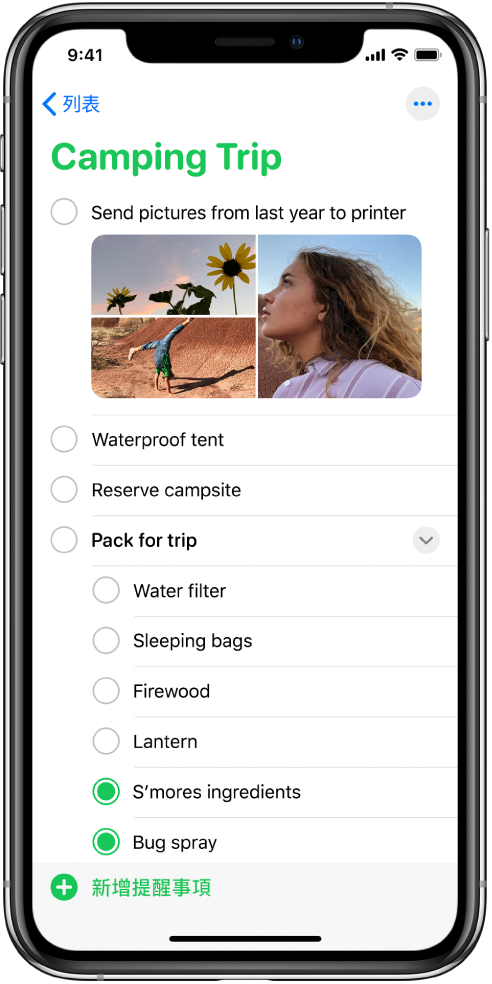「提醒事項」螢幕，顯示提醒事項的列表。「加入」按鈕位於列表左下角。