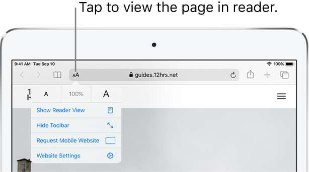 The Safari toolbar, with the Reader button on the left side of the address field.