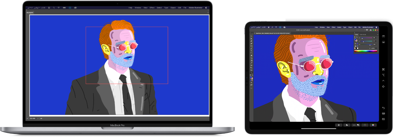 جهاز MacBook Pro و iPad جنبًا إلى جنب. يعرض الـ MacBook Pro عملاً فنيًا داخل نافذة المستكشف في Illustrator. يعرض الـ iPad نفس العمل الفني في نافذة مستند في Illustrator، محاطًا بأشرطة أدوات.