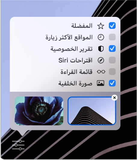  قائمة تخصيص Safari المنبثقة تظهر بها خانات اختيار المفضلة والمواقع الأكثر زيارة وتقرير الخصوصية واقتراحات Siri وقائمة القراءة وصورة الخلفية.