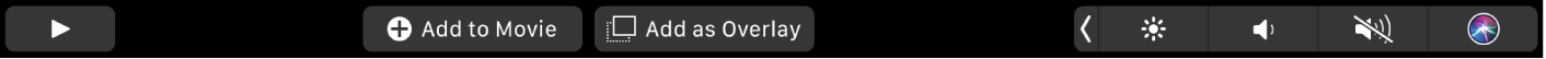 Лентата Touch Bar на iMovie, показваща бутони за любим клип, за изтриване, за възпроизвеждане, за добавяне към филм и за добавяне като препокриващ пласт.