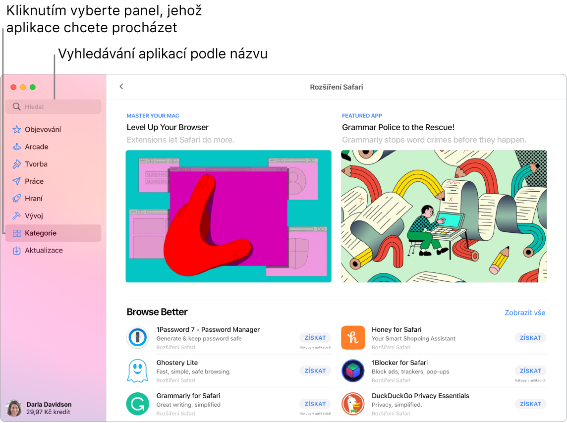 Okno App Storu s vyhledávacím polem a stránkou rozšíření Safari