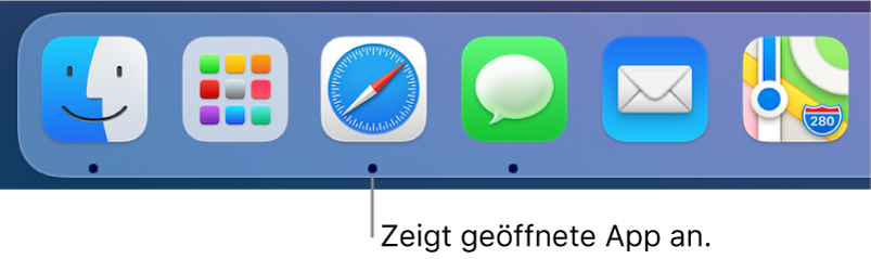 Ein Ausschnitt des Docks, in dem schwarze Punkte unter geöffneten Apps angezeigt werden.