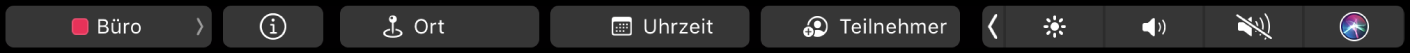 Die Kalender-Touch Bar mit Tasten zum Auswählen von Kalendern, zum Anzeigen von Ereignisdetails, zum Bearbeiten von Ort und Zeit sowie zum Hinzufügen von Teilnehmern