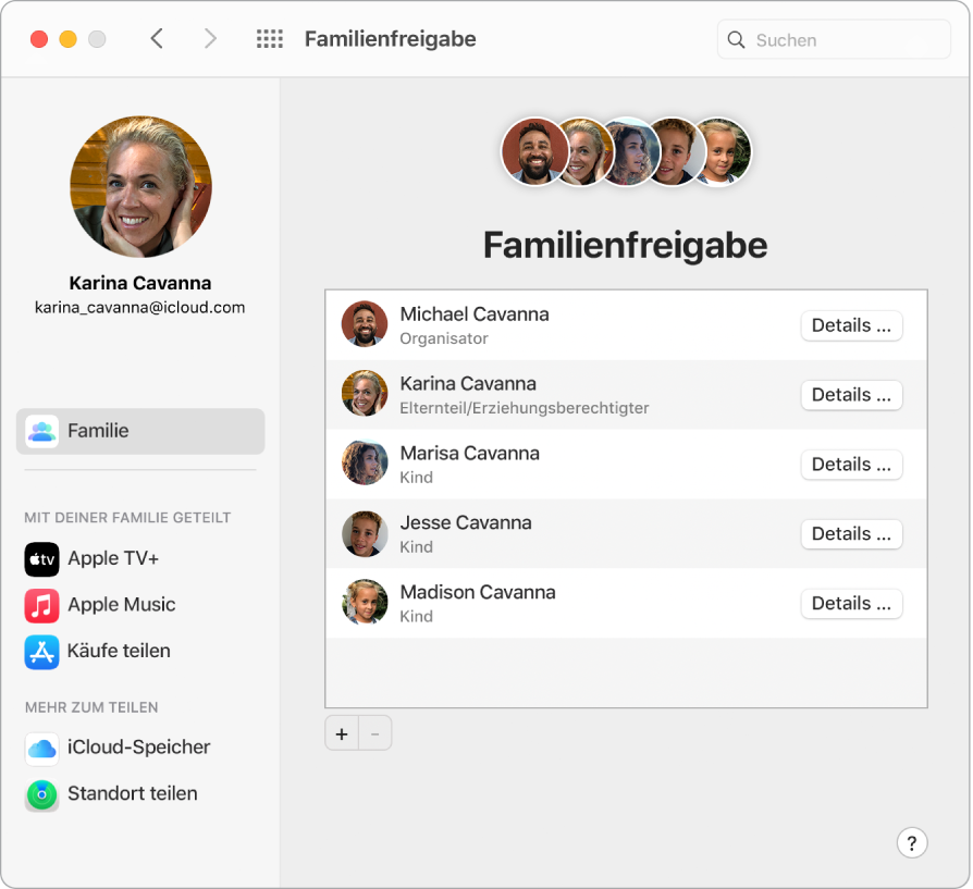 Safari-Fenster mit den Einstellungen „Familienfreigabe“ auf iCloud.com