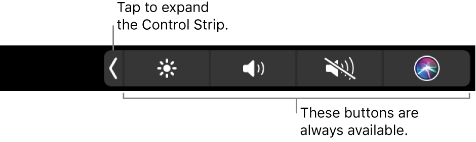 A partial screen of the default Touch Bar, showing the collapsed Control Strip. Tap the expand button to show the full Control Strip.