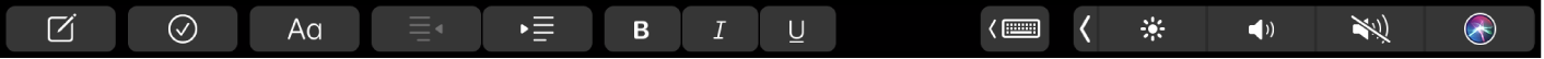 The Notes Touch Bar with text formatting buttons. Formatting controls include left and right align, bold, italic, and underline. There’s also a button to show typing suggestions.