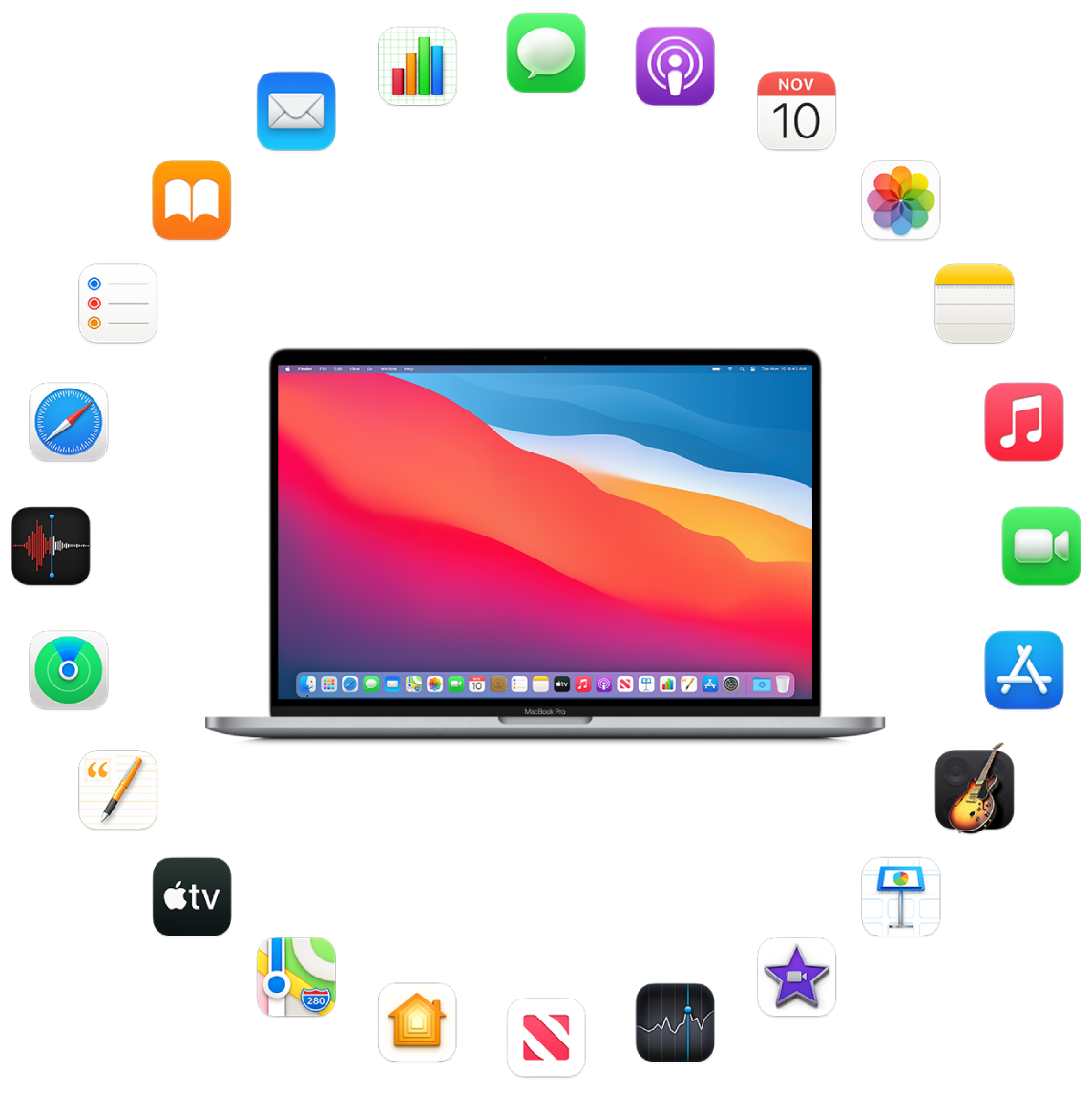 A MacBook Pro surrounded by the icons for the built-in apps described in the following sections.