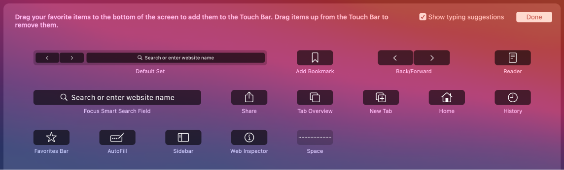 The Customize Safari options that can be dragged into the Touch Bar.