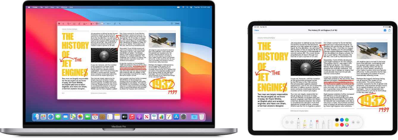 A MacBook Pro and an iPad sit side by side. Both screens display an article covered in handwritten red edits, such as crossed out sentences, arrows, and added words. The iPad also has markup controls at the bottom of the screen.
