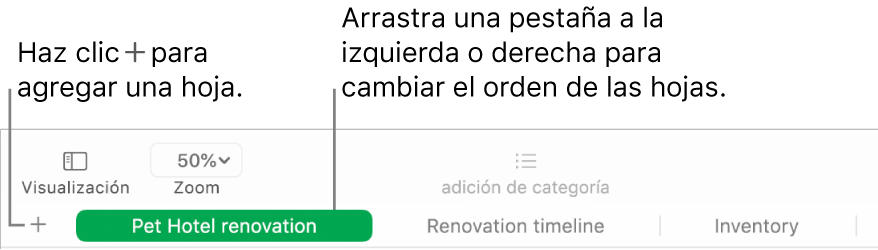 Ventana de Numbers mostrando cómo agregar una hoja nueva y cómo cambiar el orden de las hojas.