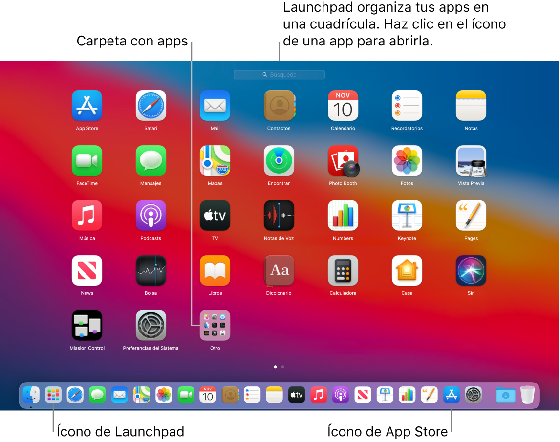 La pantalla de la Mac con el Launchpad abierto, mostrando una carpeta de apps en el Launchpad y los íconos del Launchpad y de App Store en el Dock.