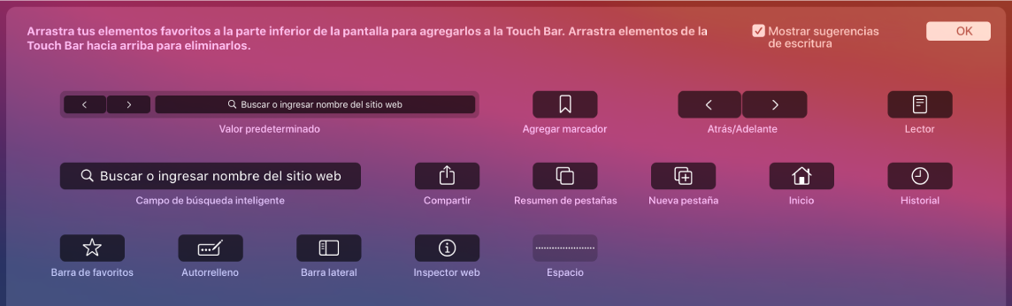 Las opciones Personalizar Safari que se pueden arrastrar a Touch Bar.