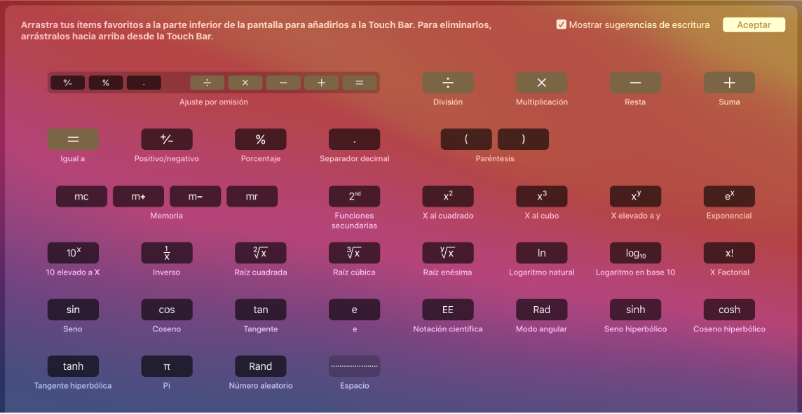 Los ítems de la Touch Bar de la app Calculadora que se pueden personalizar arrastrándolos hasta la Touch Bar.