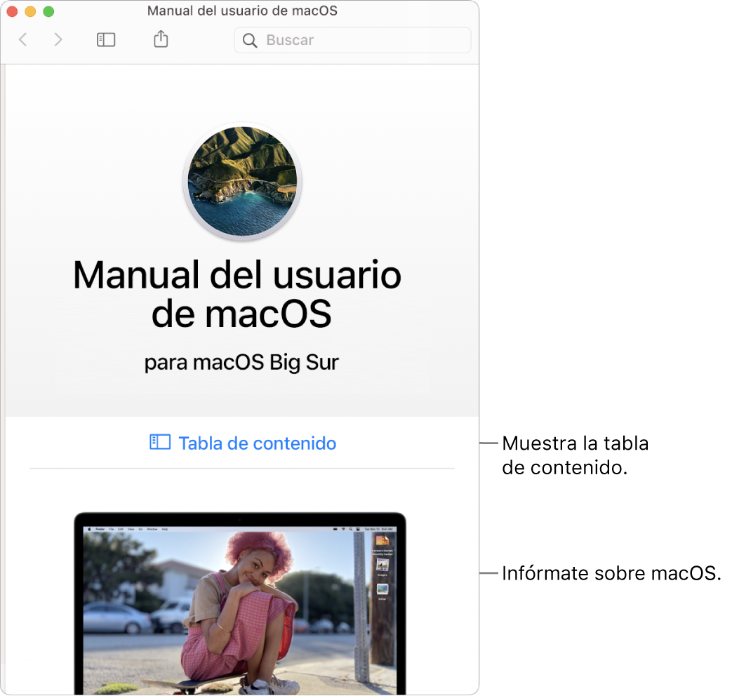 Página de bienvenida del Manual del usuario de macOS con el enlace de la tabla de contenido.