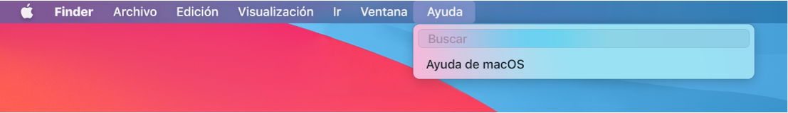 Vista parcial del escritorio con el menú Ayuda abierto y las opciones de menú Buscar y Ayuda de macOS.