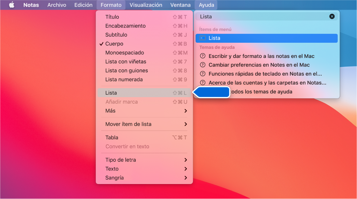 El menú de Ayuda que muestra una búsqueda de “lista” y el comando “Lista con viñetas” resaltado en la lista de resultados y en el menú Formato.