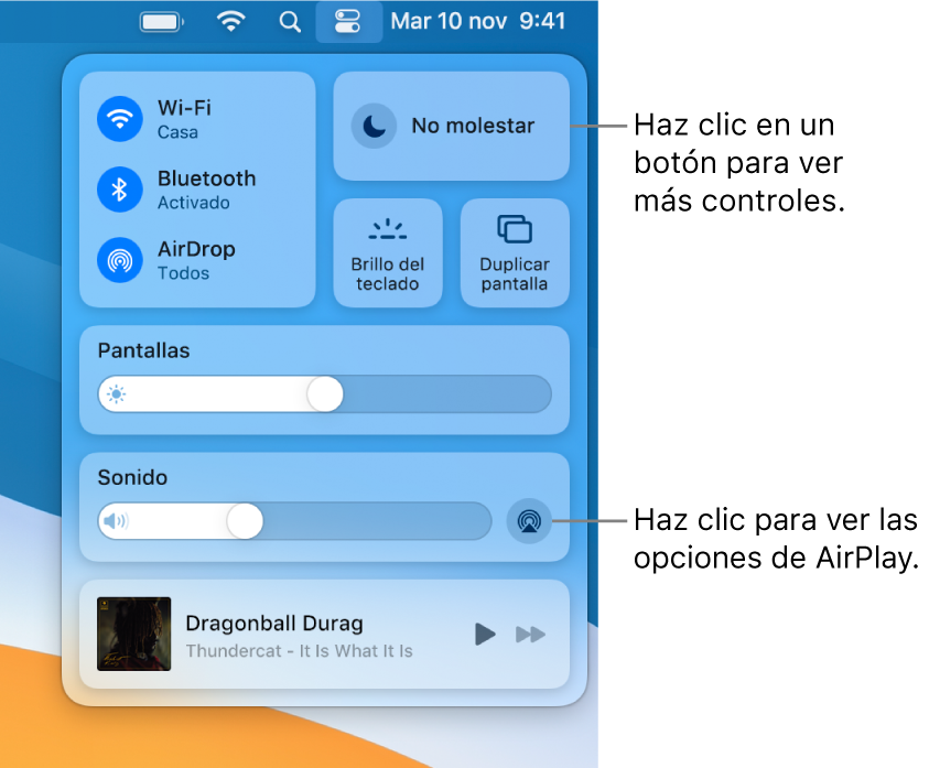 Vista ampliada del centro de control del Mac con una llamada al botón de mostrar.