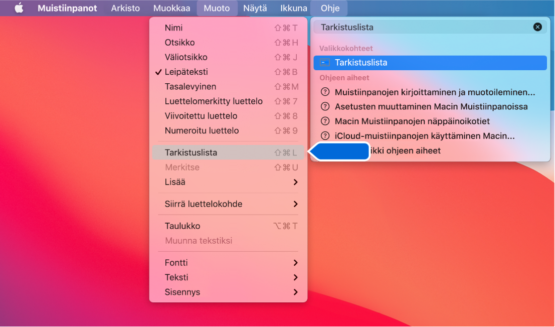 Ohje-valikko, jossa näkyy ”luettelo”-haku ja Luettelomerkitty luettelo -komento korostettuna tulosluettelossa ja Muoto-valikossa.