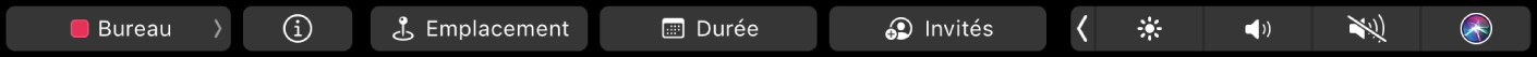 Touch Bar de Calendrier avec des boutons pour choisir des calendriers, voir les détails de l’événement, modifier l’heure ou le lieu et ajouter des invités.