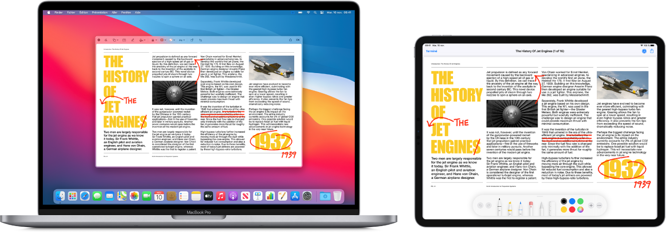 Un MacBook Pro et un iPad côte à côte. Les deux écrans affichent un article couvert de modifications manuscrites en rouge, telles que des phrases barrées, des flèches et des mots ajoutés. L’iPad montre également des commandes d’annotation au bas de l’écran.