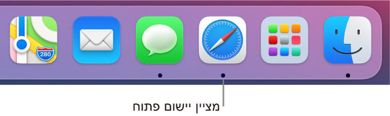 קטע מתוך ה-Dock המציג נקודות שחורות מתחת ליישומים הפתוחים.